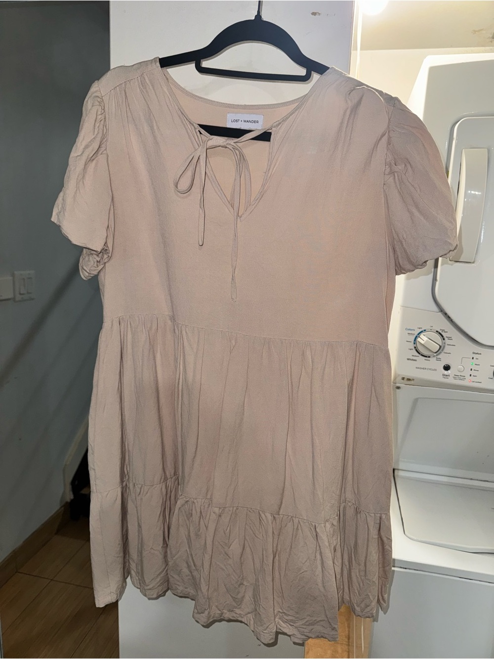 Lost + Wander Nude Tiered Tie-Front Mini Dress